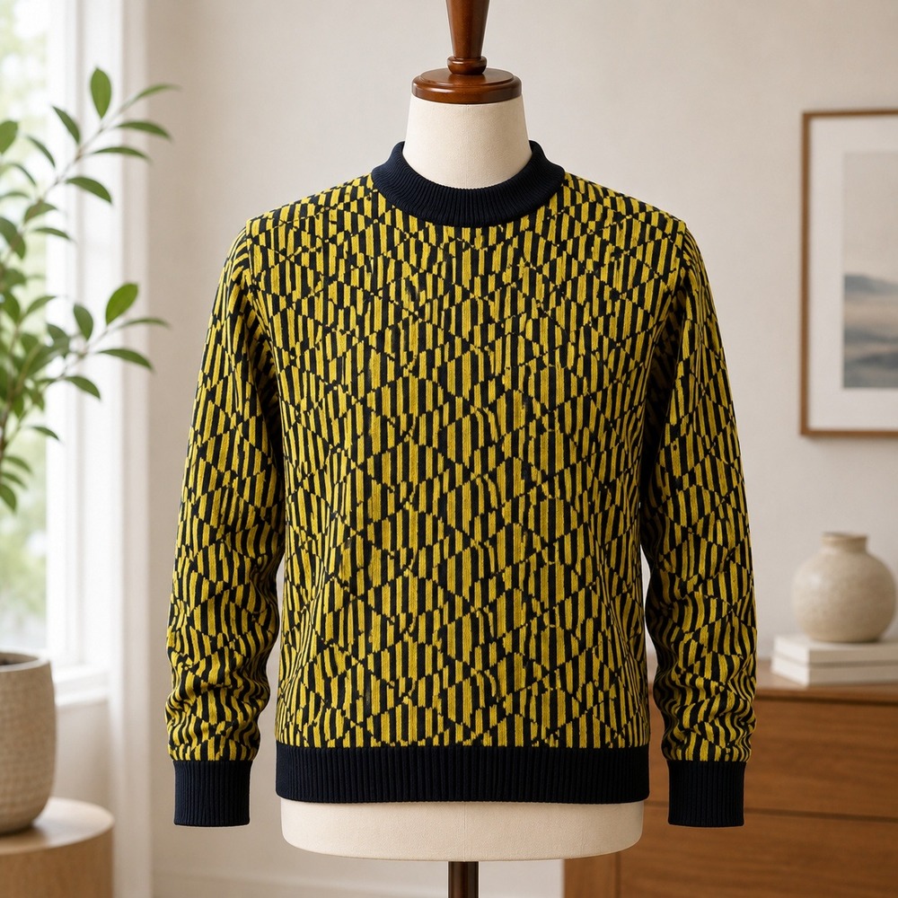 Jamie Scott Sweater Womens Medium Yellow Black Geometric Diamond Knit Mock Neck